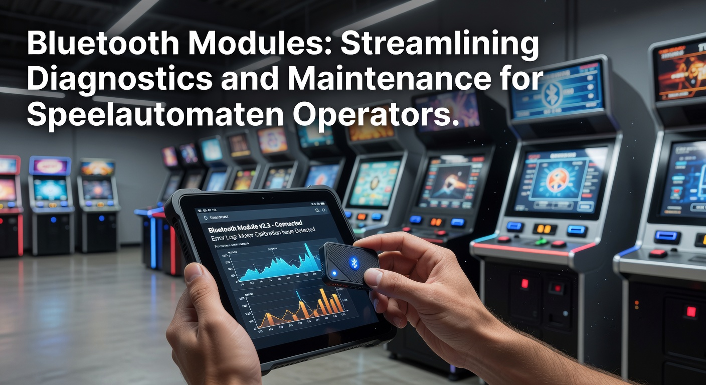 Bluetooth-module geïnstalleerd in een speelautomaat, met diagnostiekdata op een nabijgelegen tablet