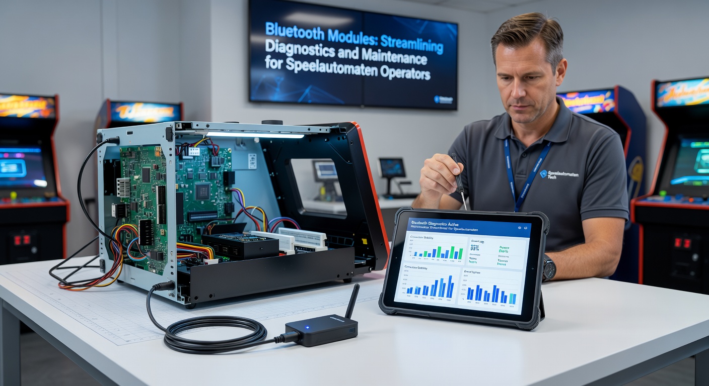 Technicus gebruikt een tablet om via Bluetooth diagnostiek uit te voeren op een reeks speelautomaten in een werkplaats