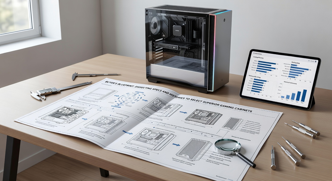 Een rij gaming kabinetten in een showroom, met kopers die specs controleren en discussiëren over machinegeschiedenissen