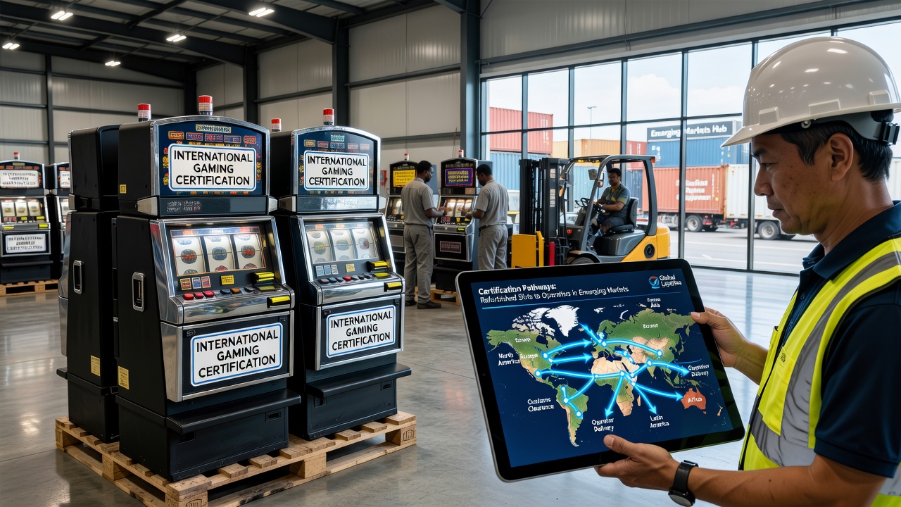 Refurbished casino slots undergoing certification checks before international shipment