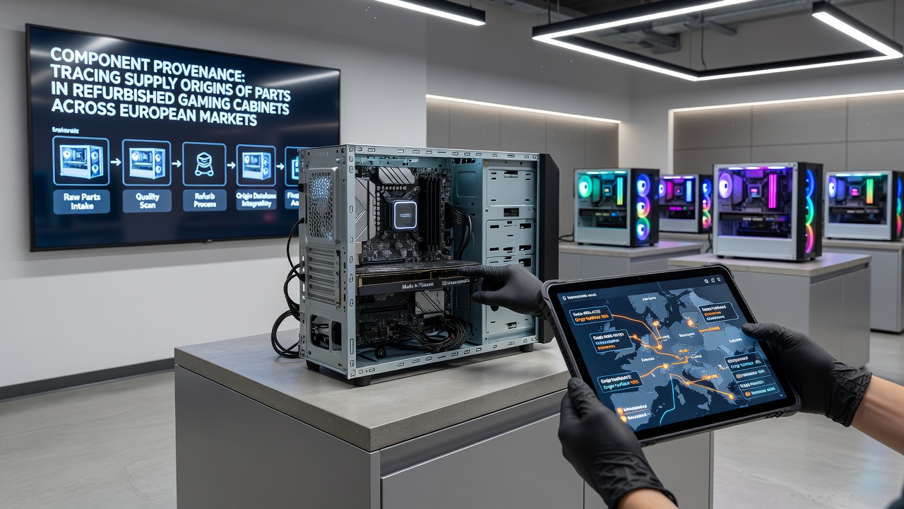 Technici controleren serienummers en traceerbaarheidscodes op onderdelen van een gaming cabinet