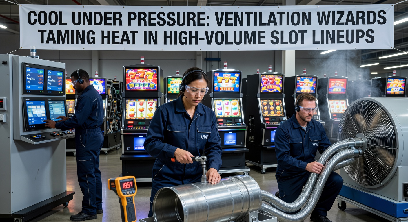 Ventilatiesysteem in een rij vol gloeiende gokkasten, waar koele lucht de hitte verslaat