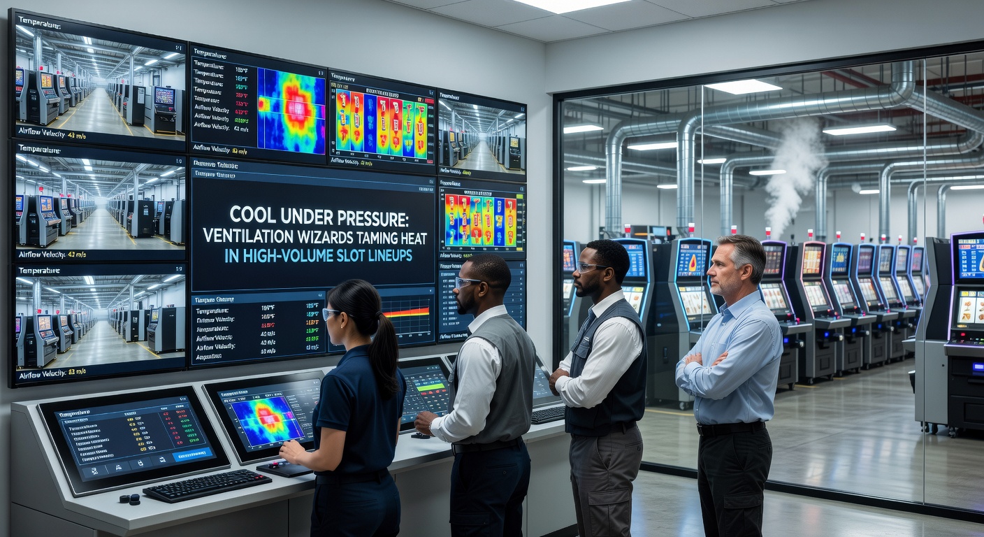 Close-up van geavanceerde ventilatoren en koelkanalen in een high-volume gokkastenopstelling, hitte in bedwang