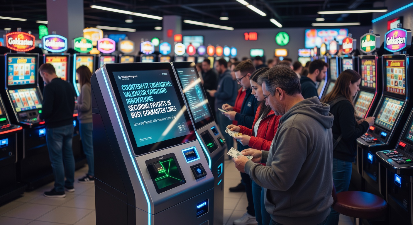 Moderne validator-module detecteert nepmunten in een drukke gokkasten-opstelling, met close-up van scanning-technologie