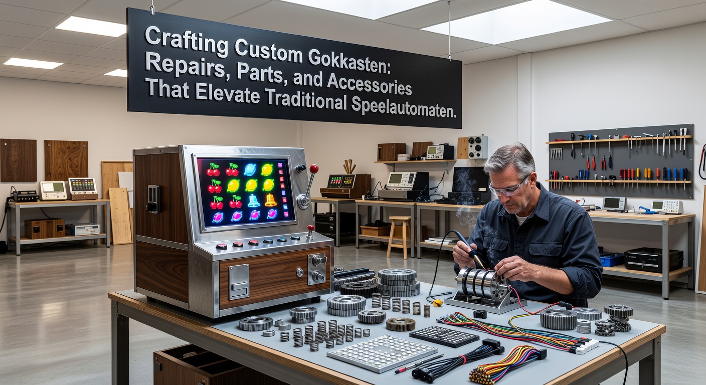 Een monteur repareert een traditionele speelautomaat met custom onderdelen, zichtbaar LED-verlichting en nieuwe rollenmechanieken