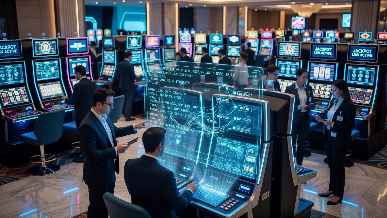 Technische weergave van firmware-handshakes tussen gokkastenclusters in een casino-omgeving