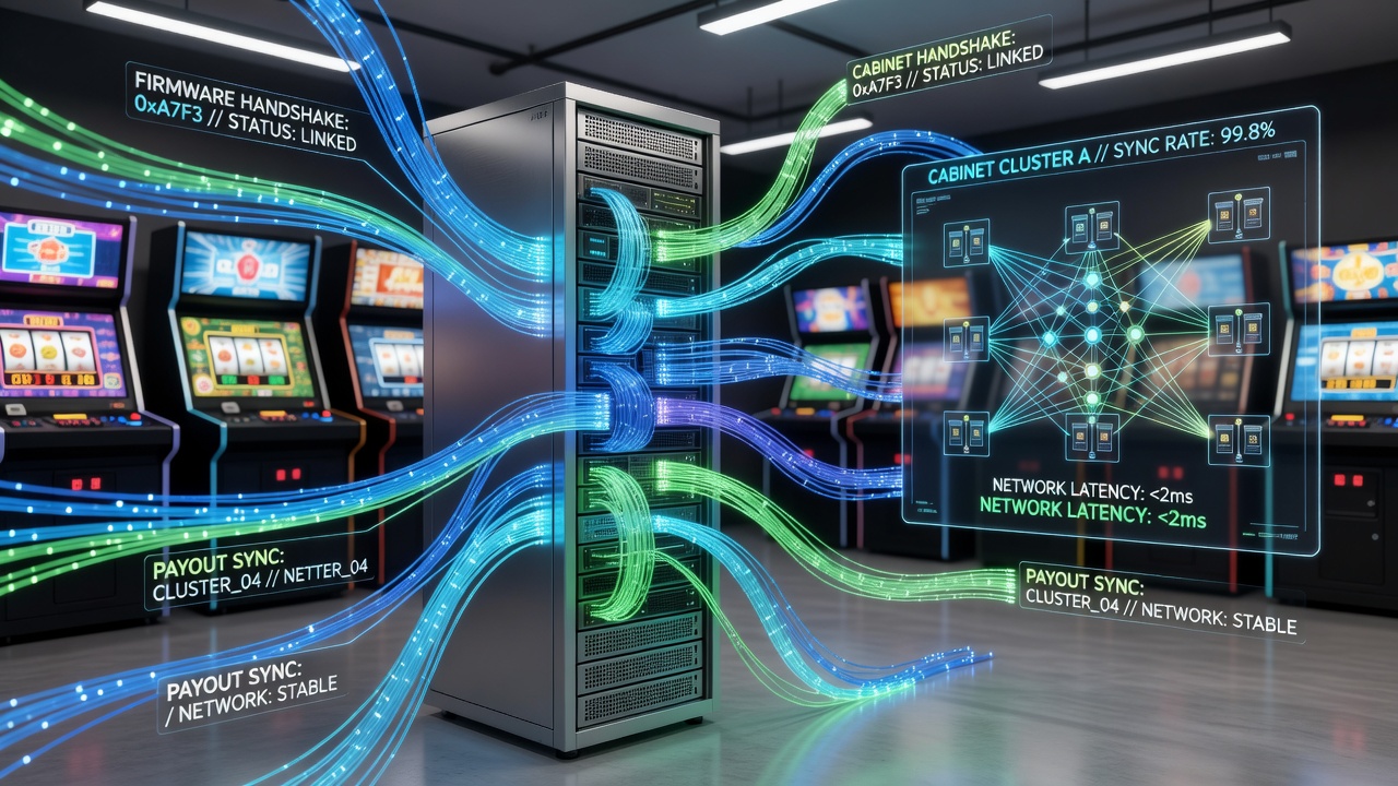 Netwerkdiagram van gesynchroniseerde gokkasten met firmware-protocollen