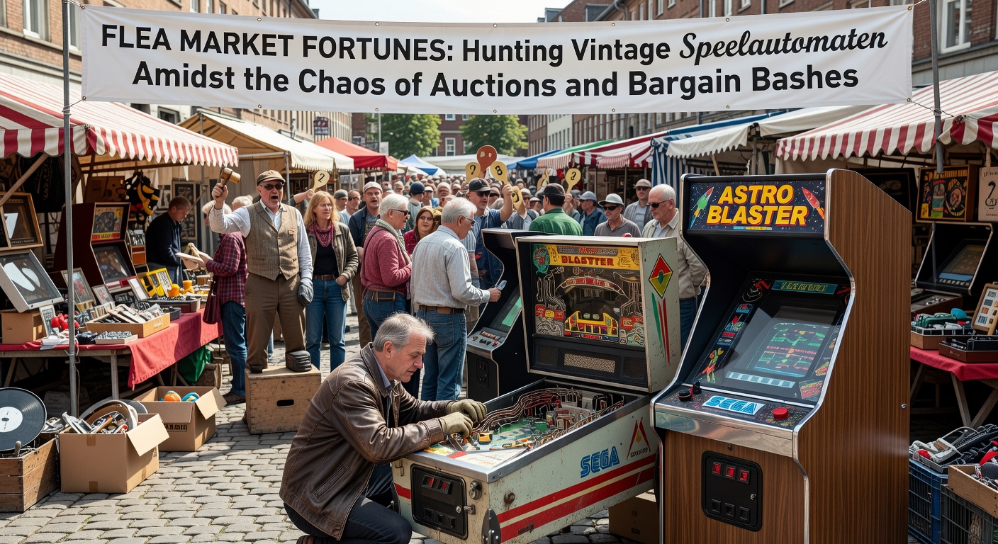Drukke vlooienmarkt met stapels oude speelautomaten tussen rommel en kopers in een chaotische sfeer