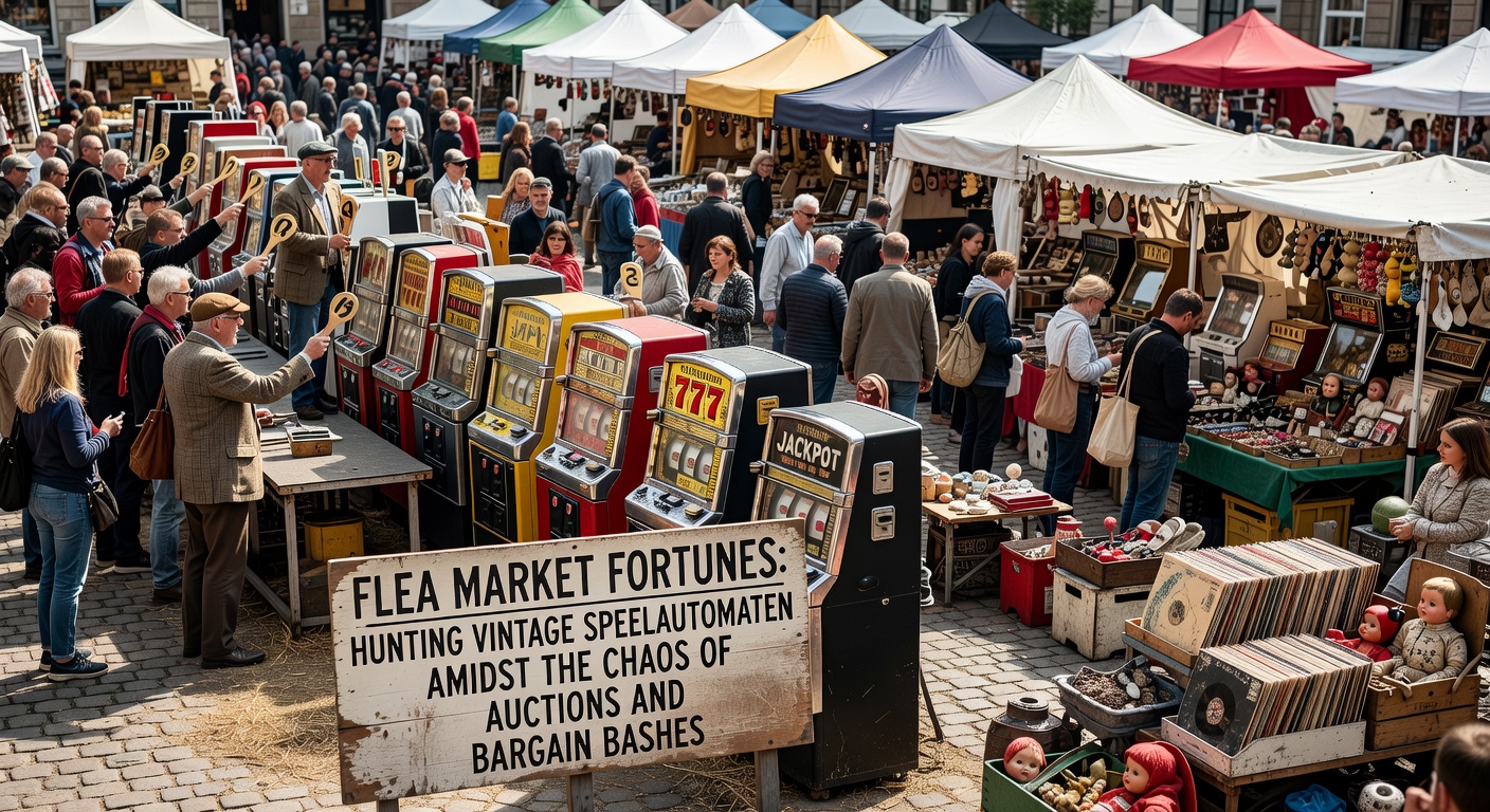 Veilingzaal vol enthousiaste bieders rond een glanzende vintage speelautomaat met fruitrollen en knipperende lampen