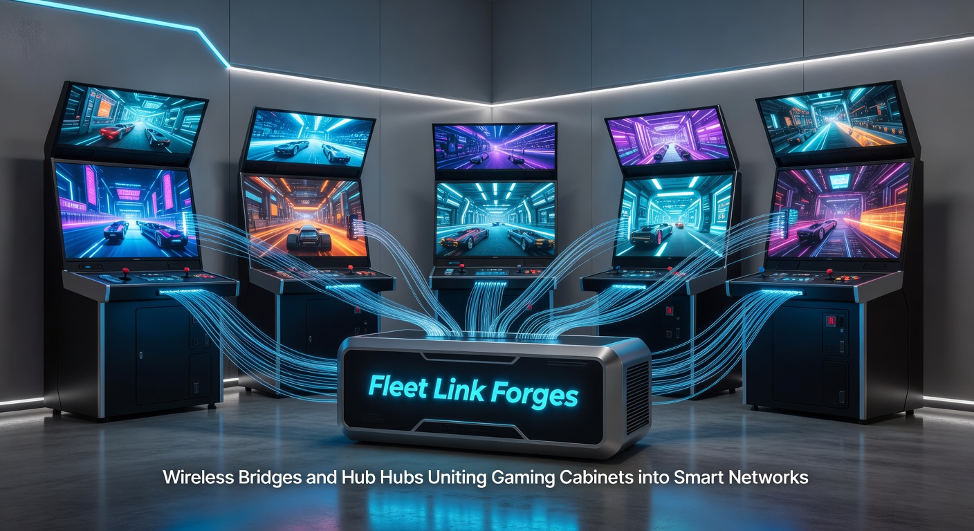 Draadloze bruggen en hub hubs in actie, verbindend meerdere gaming kabinetten in een naadloos netwerk op een bruisende casino vloer