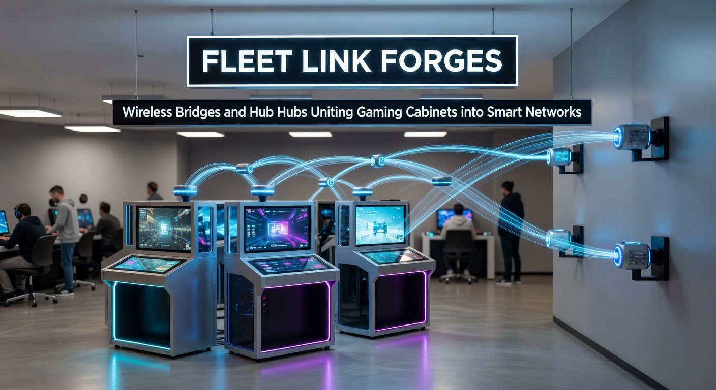 Hub hub in het hart van een smart network, met meerdere gaming kabinetten draadloos verbonden en data stromend in een moderne setup