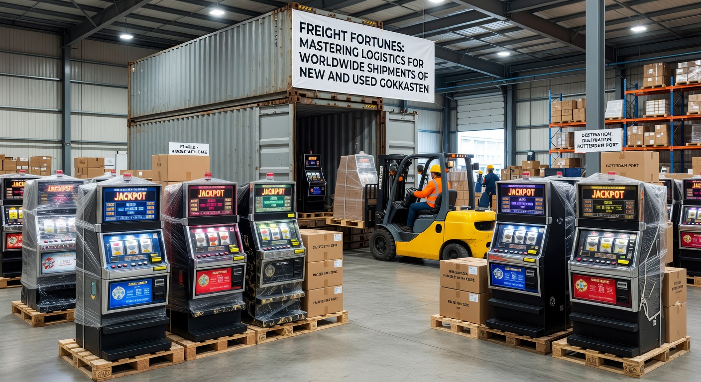 Een vrachtcontainer vol met zorgvuldig verpakte gokkasten, klaar voor wereldwijde verzending over zee