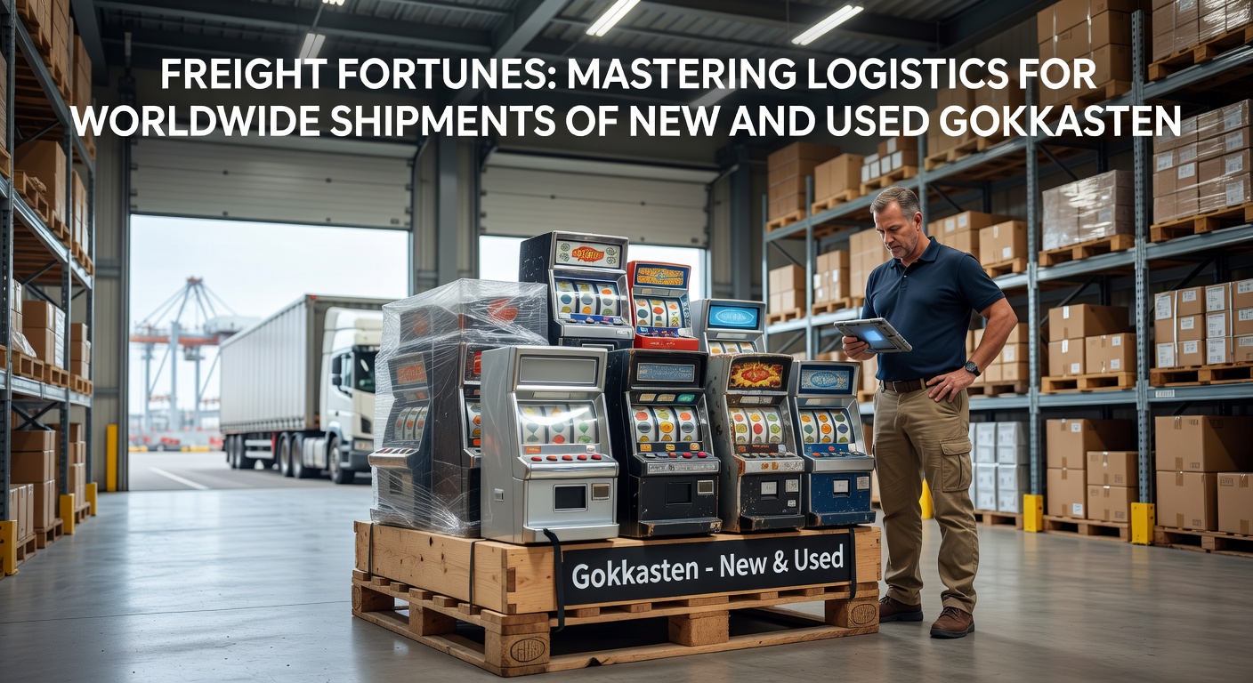 Logistiek team dat gokkasten laadt in een vrachtwagen, met focus op veilige fixatie en tracking apparatuur