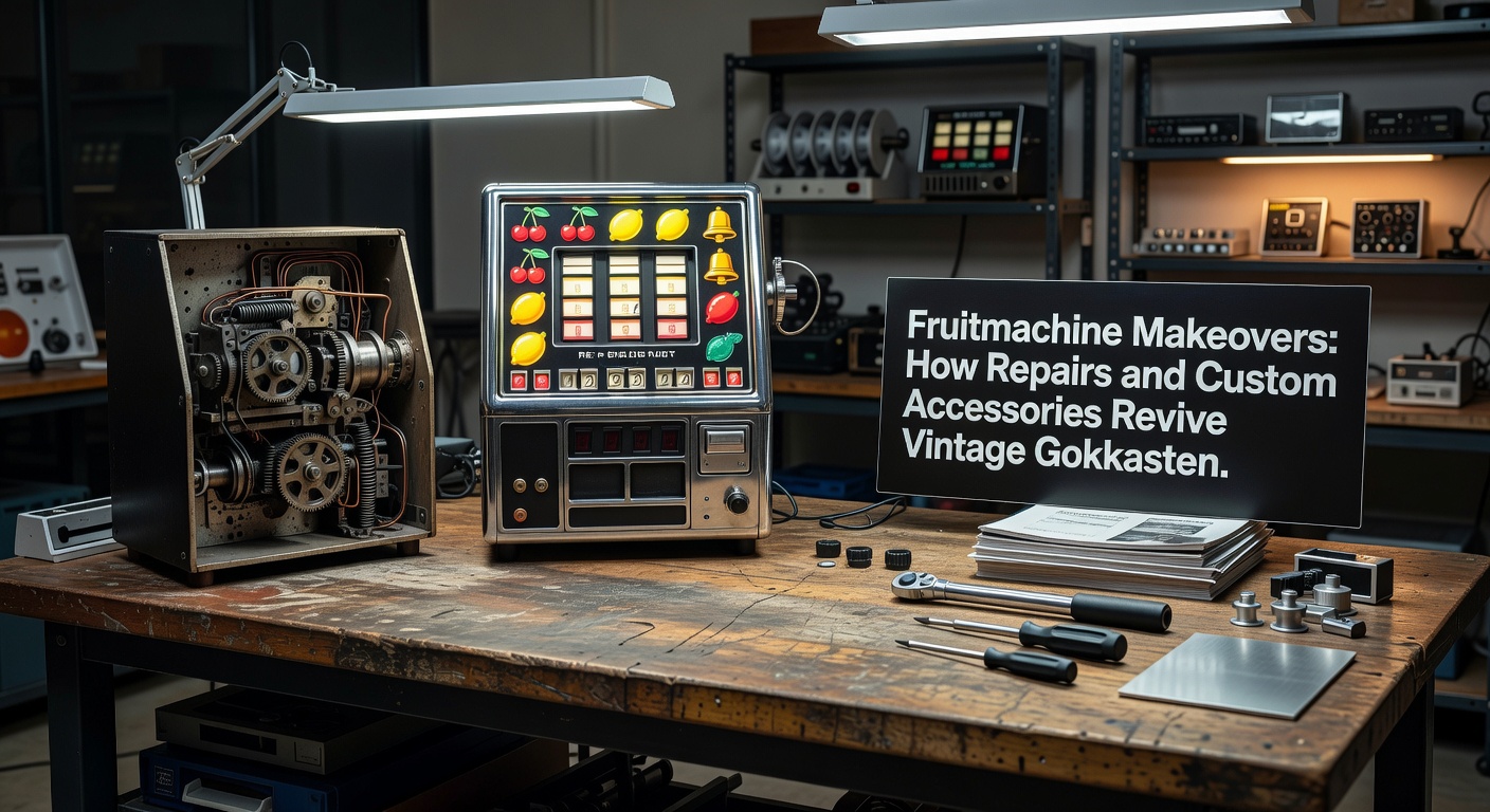 Een gerestaureerde vintage fruitmachine met glimmende nieuwe LED-verlichting en custom stickers, klaar voor actie in een nostalgische setting