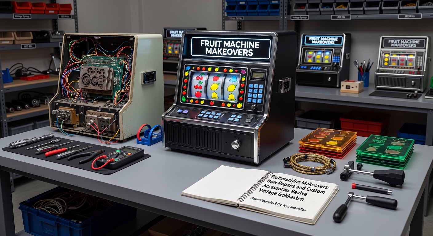 Close-up van custom accessoires op een vintage gokkast, inclusief RGB-LED strips, gepersonaliseerde knoppen en een touchscreen overlay voor moderne features