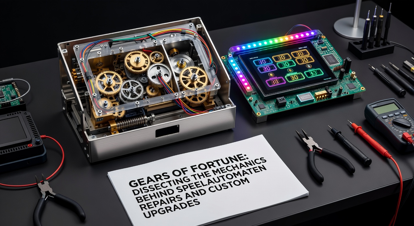 Binnenkant van een klassieke speelautomaat met zichtbare tandwielen en mechanische onderdelen tijdens reparatie