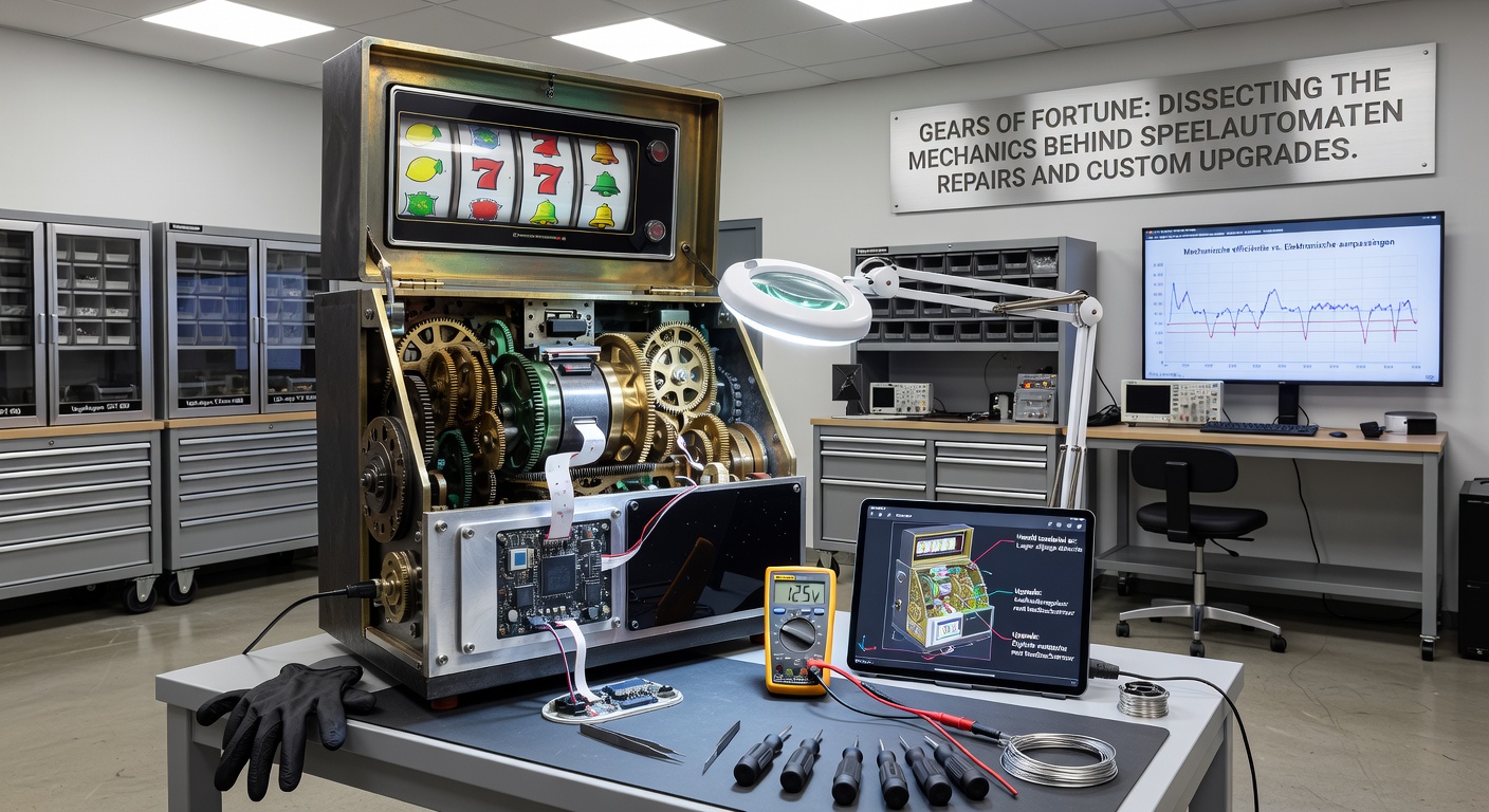Technicus aan het werk met custom tandwielupgrade in een speelautomaat, inclusief gereedschappen en onderdelen