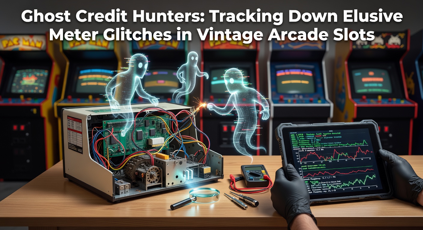 Technicus buigt zich over een open vintage arcadeslot, met focus op de credit meter en bedrading, terwijl hij een multimeter gebruikt om glitches op te sporen