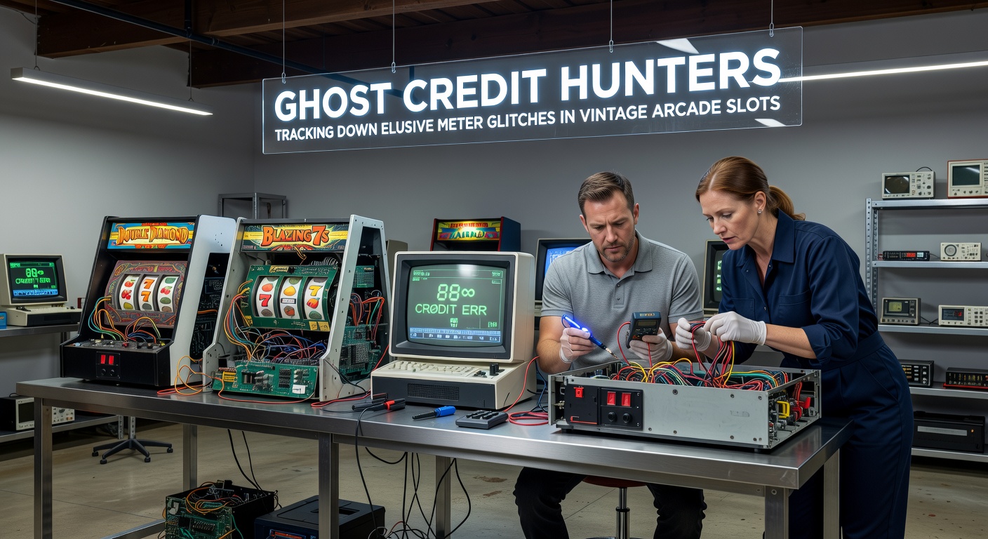 Close-up van een gedetailleerde meter-unit in een vintage slot, met zichtbare glitches op het display en tools zoals een soldeerbout en testprobes eromheen
