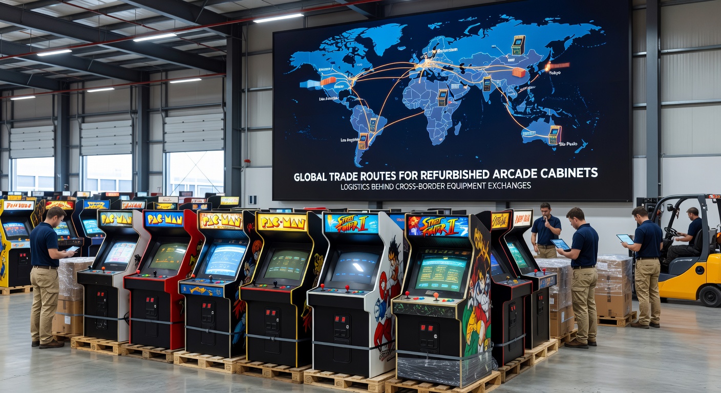 Wereldkaart met handelsroutes voor refurbished arcade-kabinetten tussen Azië, Europa en Amerika
