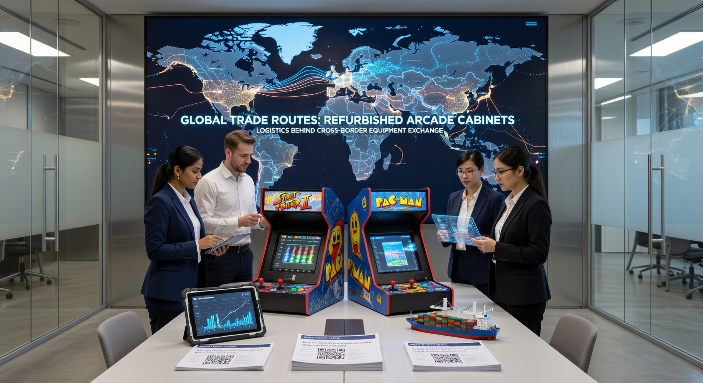 Logistiek team dat refurbished arcade-kabinetten inspecteert in een havencontainer