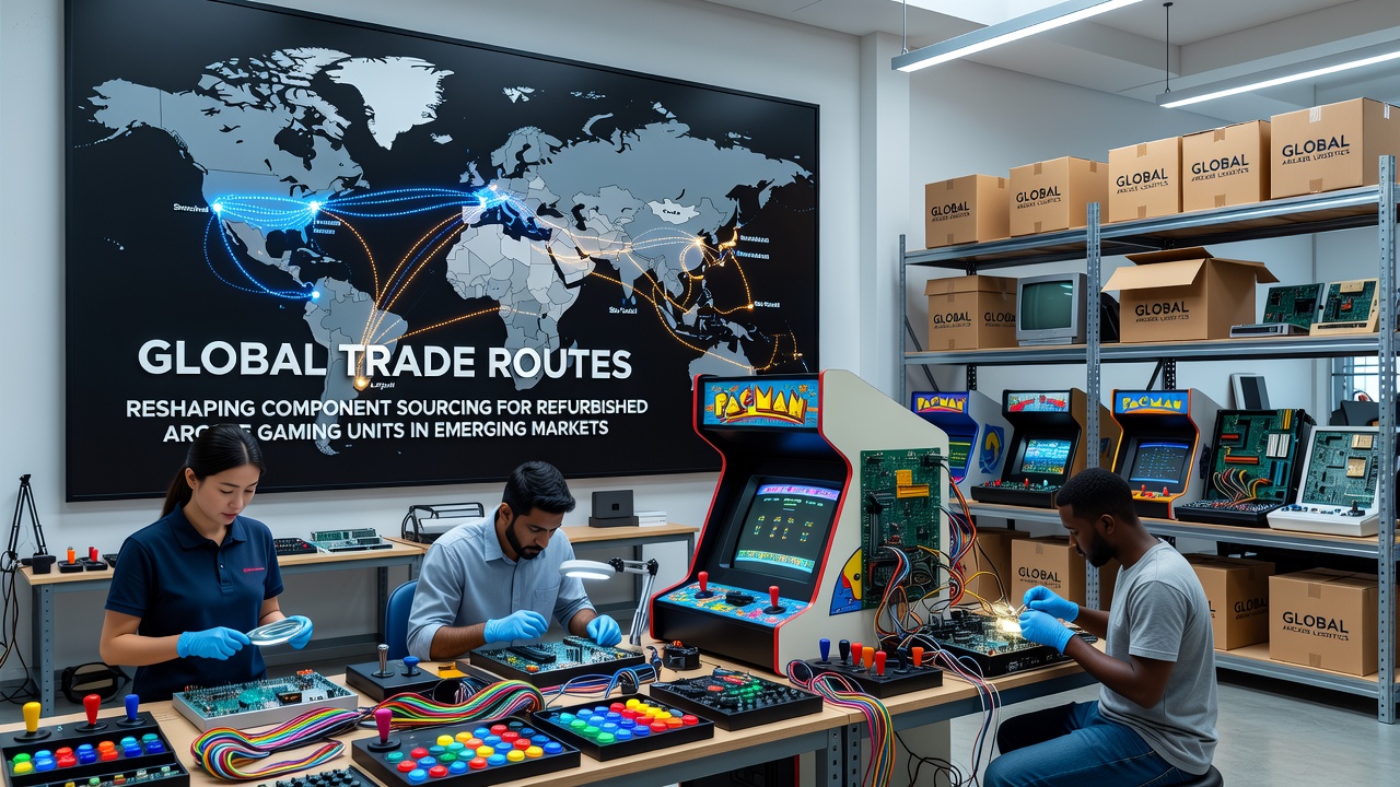 Wereldwijde handelsroutes met containerschepen die componenten vervoeren voor arcade gaming units