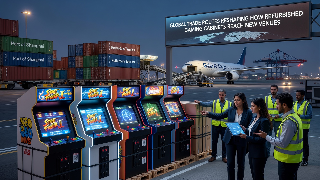 Container schip met gaming cabinets onderweg via internationale handelsroute