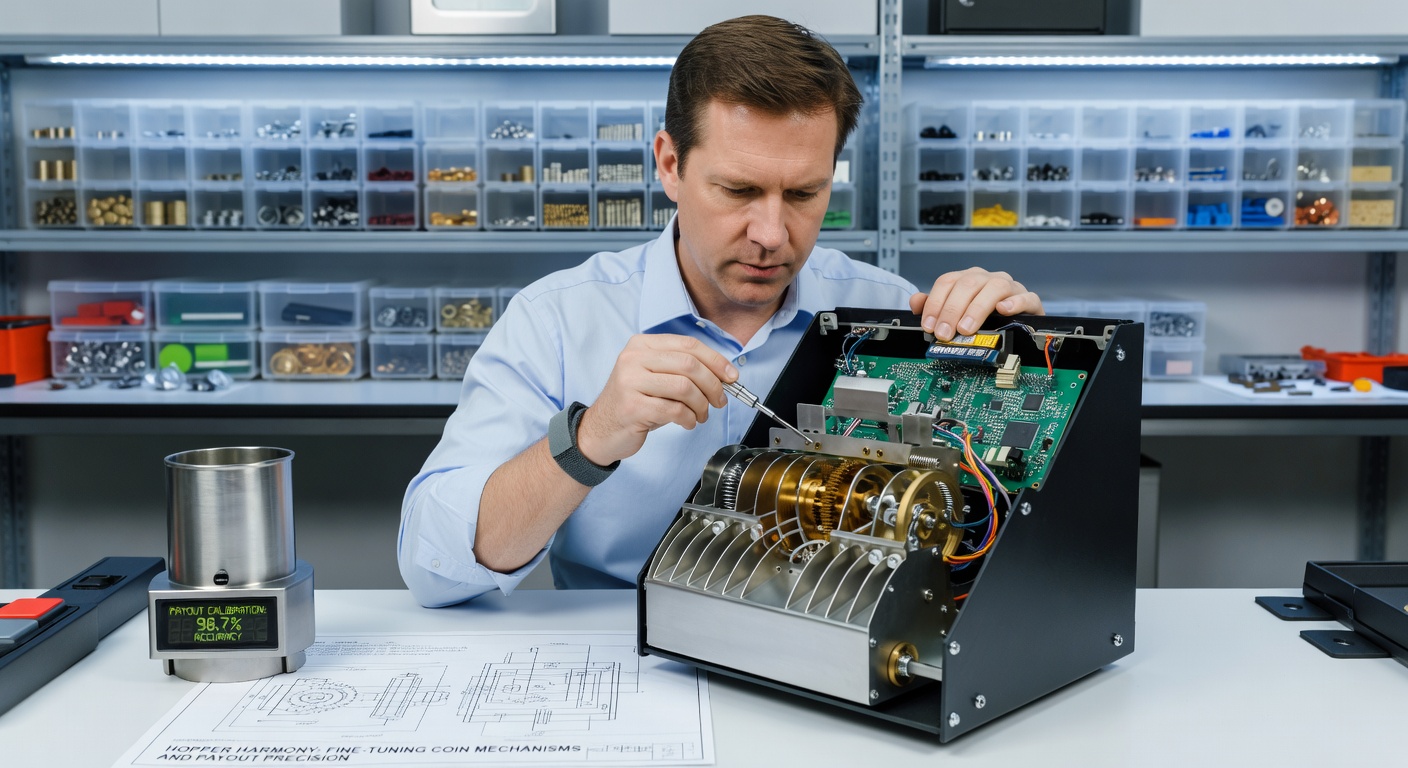 Technicus kalibreert een hopper-mechanisme in een drukke speelautomaatwerkplaats, met munten die precies door de uitbetalingskanaal glijden