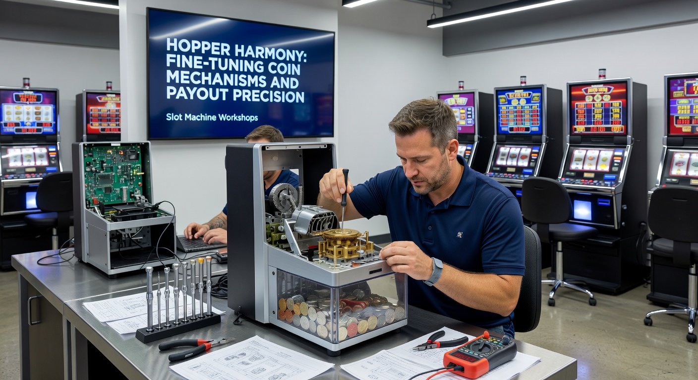 Close-up van een ontleed hopper-systeem met gereedschappen en precisie-instrumenten op een werkbank in een gespecialiseerde gokkasten-atelier