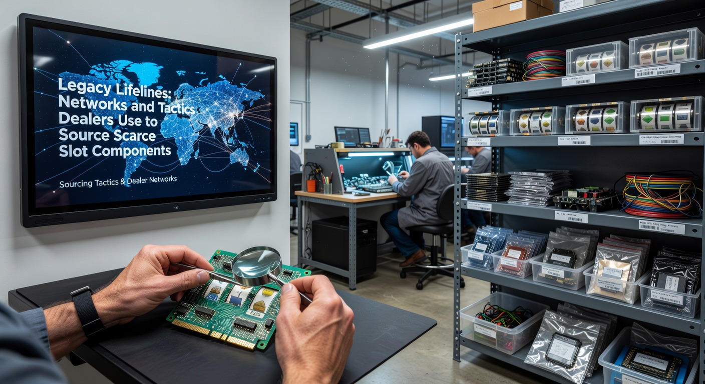 Dealers inspecteren zeldzame legacy-componenten in een werkplaats vol oude speelautomaten, met netwerken van contacten zichtbaar op een prikbord op de achtergrond