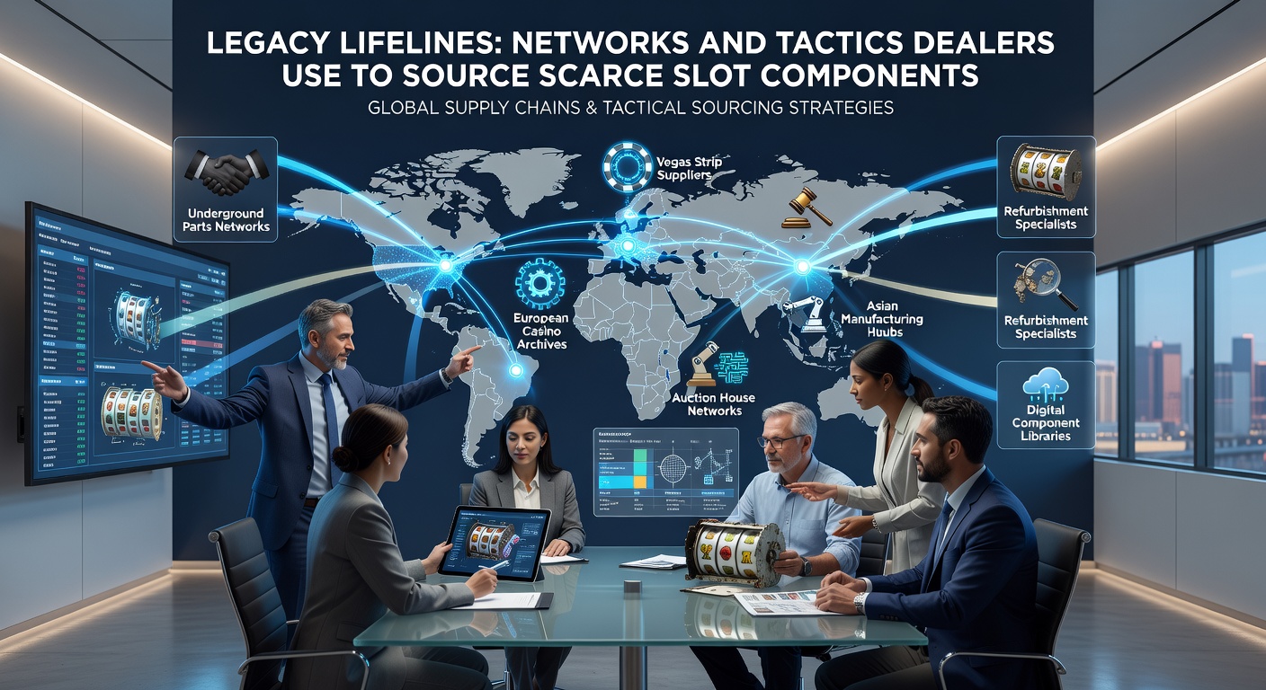 Een internationaal netwerk van dealers bespreekt tactieken bij een tafel vol legacy slot onderdelen, met kaarten en laptops die supply chains visualiseren