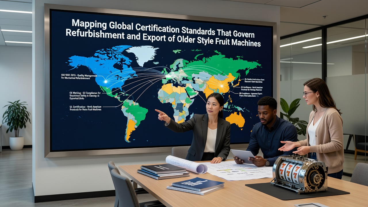 Wereldkaart met certificeringslabels en fruitmachine-onderdelen in een renovatieworkshop