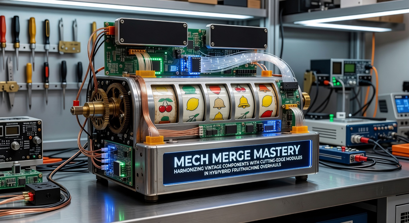 Een vintage fruitmachine-kabinet met geopende zijpanelen, waar oude mechanische rollen harmonieus samengaan met gloednieuwe digitale modules en LED-verlichting