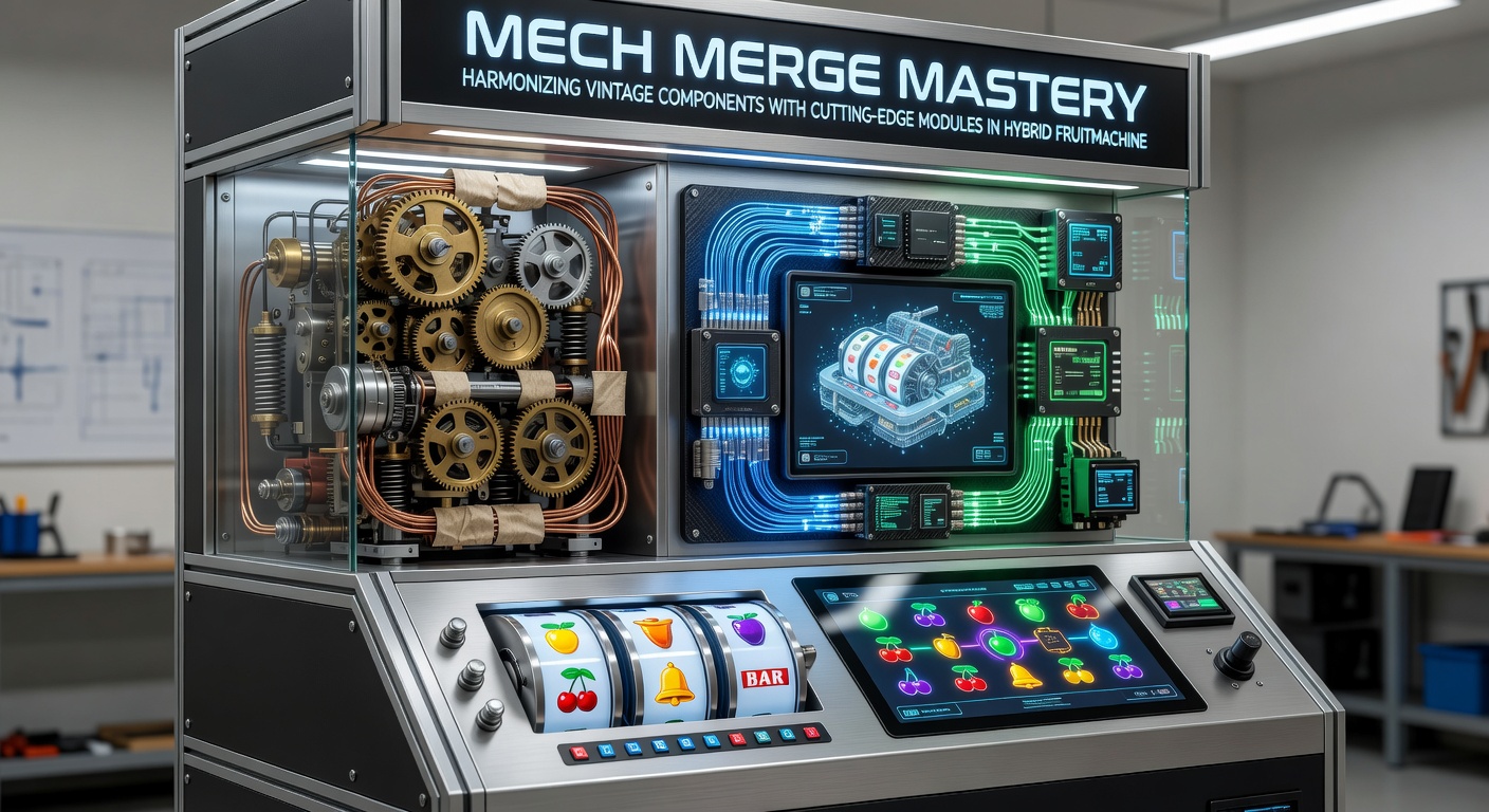 Close-up van een geopende fruitmachine, met zichtbare verbindingen tussen oude mechanische rollen en nieuwe elektronische printplaten, inclusief kabels en sensoren