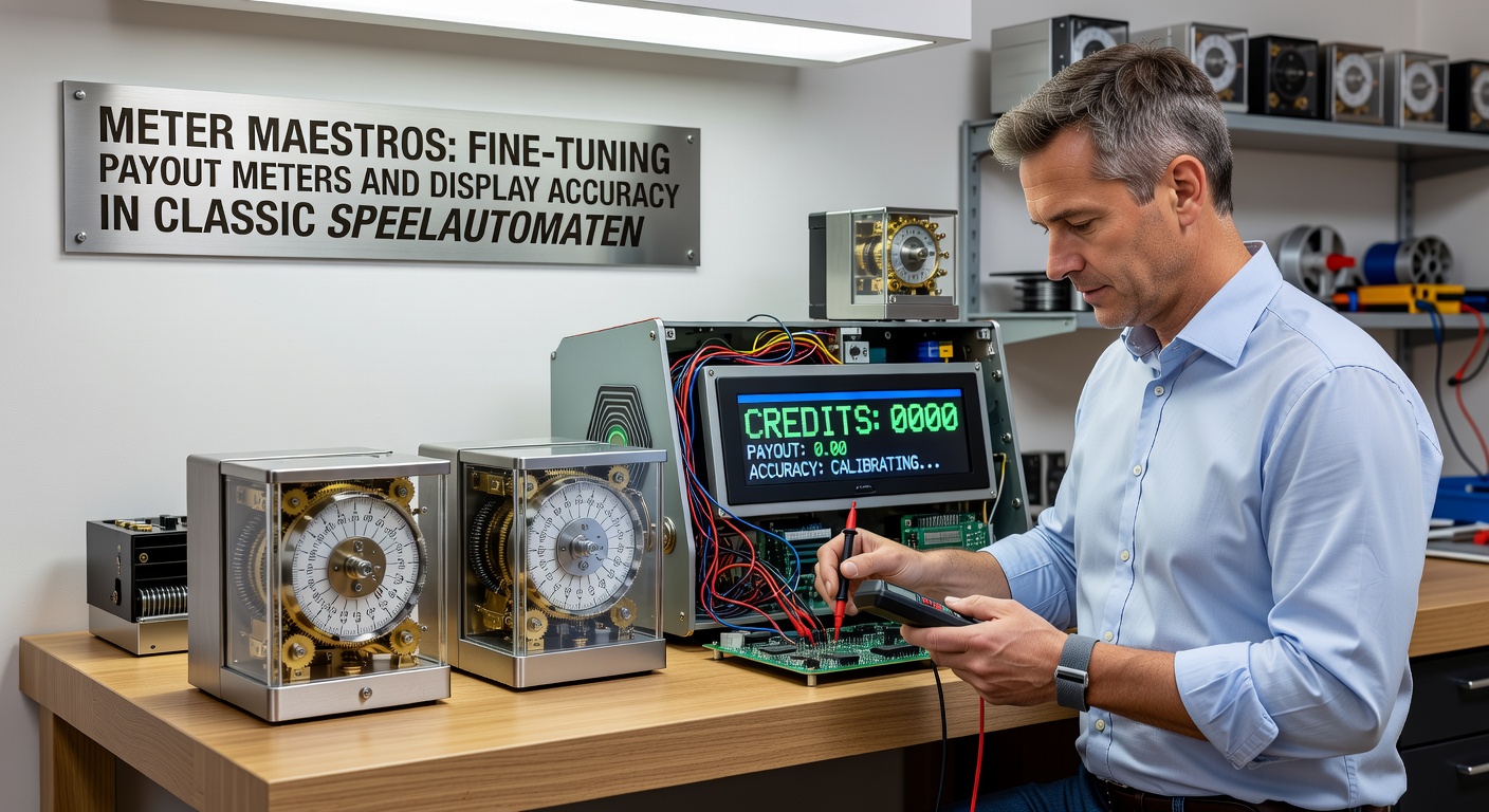 Close-up van een uitbetalingsmeter in een klassieke speelautomaat, met zichtbare tandwielen en kalibratieschroeven tijdens een onderhoudssessie