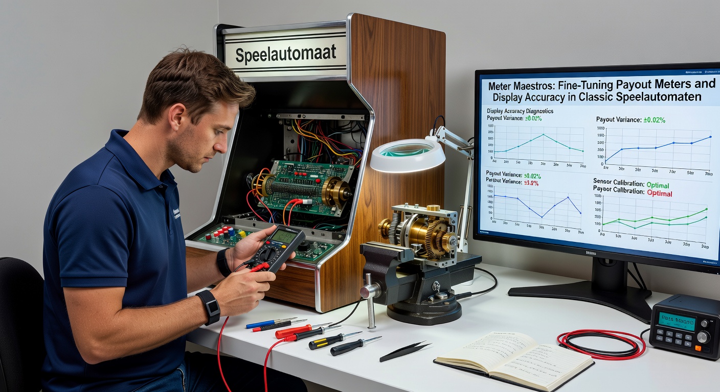 Technicus die een display kalibreert op een vintage speelautomaat, met gereedschappen en meetapparatuur zichtbaar op de werkbank