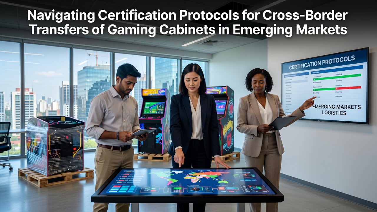 Overzicht van certificeringsdocumenten en transportroutes voor gaming cabinets naar opkomende markten