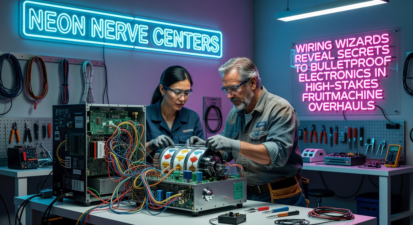Gloeiende neon bedrading in het hart van een high-stakes fruitmachine, waar wizards de elektronica versterken voor ongeëvenaarde betrouwbaarheid