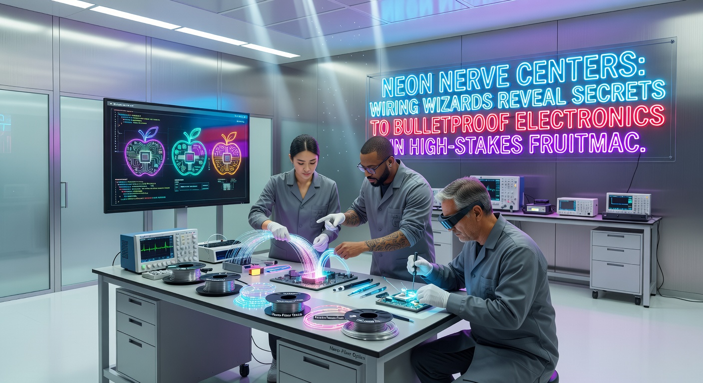 Wizards aan het werk: close-up van neonbedrading en elektronische upgrades in een fruitmachine-overhaul, met tools en gloeiende circuits