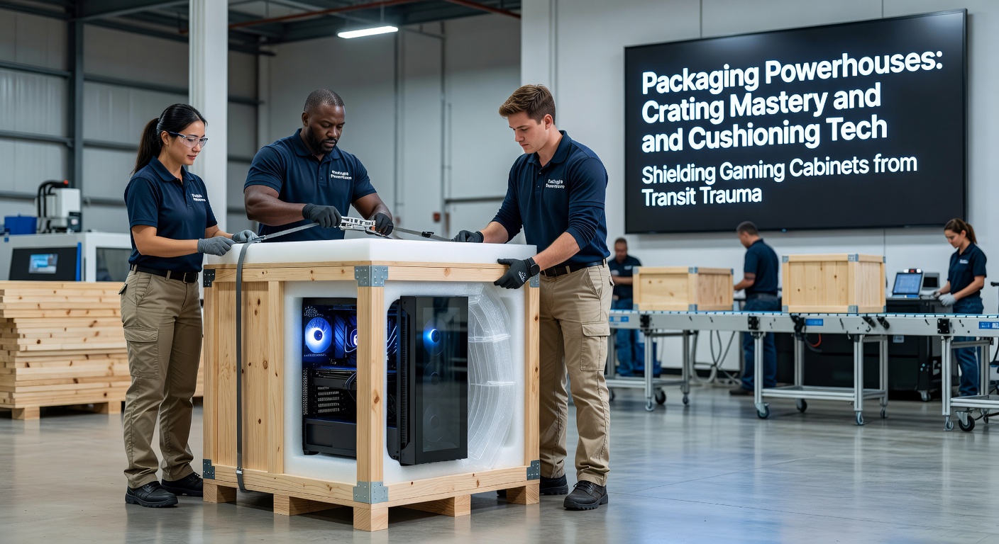 Robuuste houten kist met interne demping rond een gokkastkabine, klaar voor wereldwijd transport