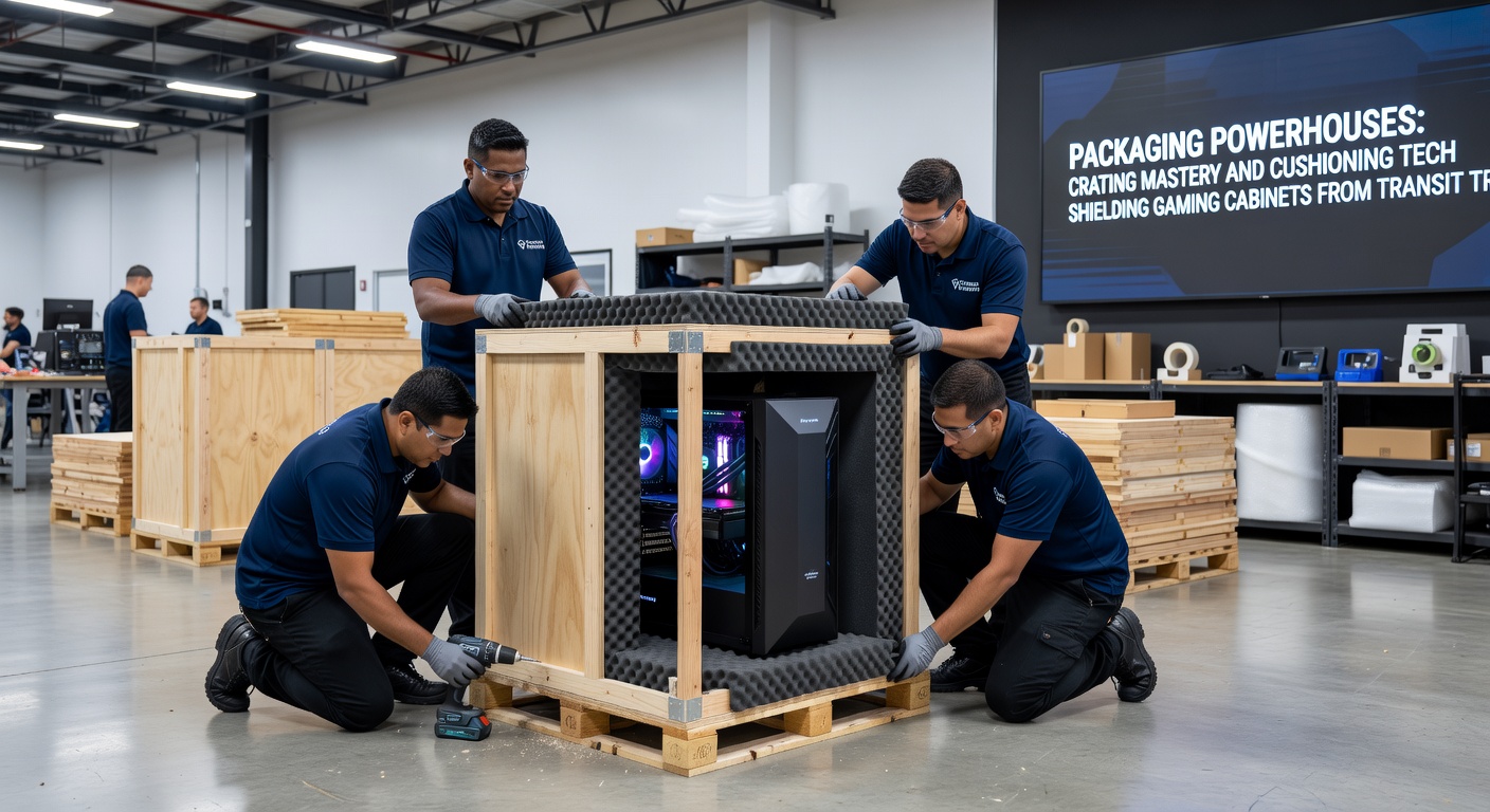 Close-up van geavanceerde foam-cushioning en luchtkussens die een gokkastscherm omsluiten in een transportkist