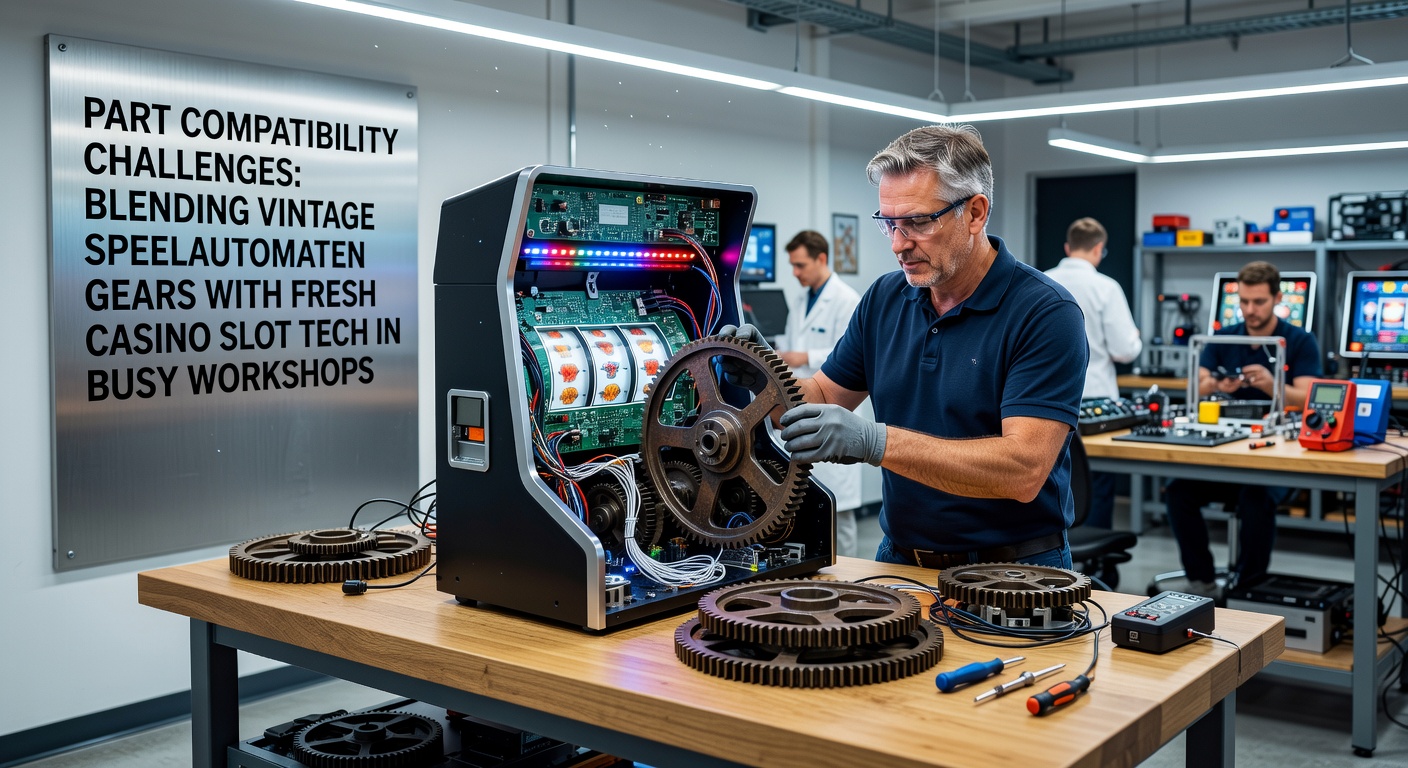 Technicus in een drukke workshop die vintage tandwielen van speelautomaten inspecteert naast moderne slotcomponenten, met gereedschappen en half afgebouwde machines op de achtergrond