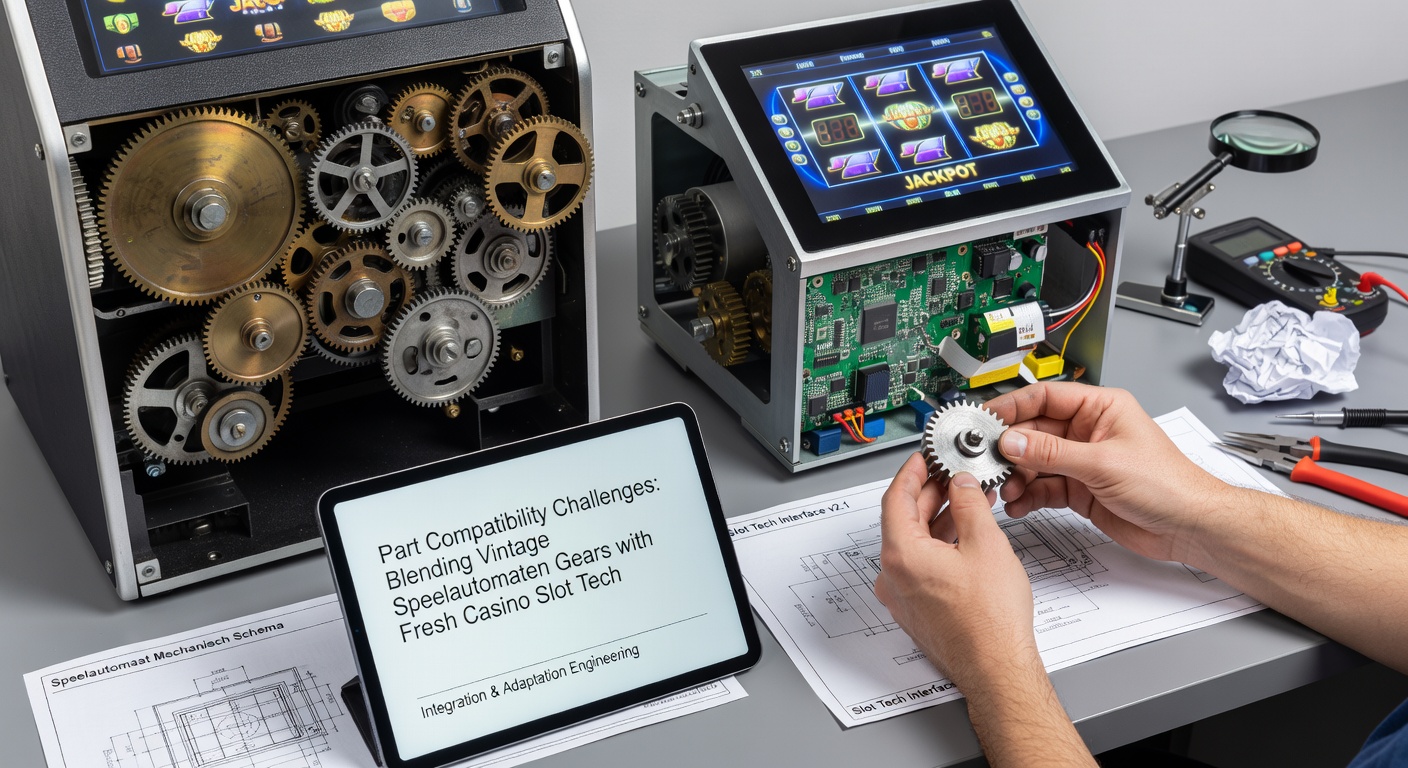Close-up van een werkbank met geopende speelautomaat, vintage tandwielen naast digitale printplaten en meetgereedschappen, illustrerend compatibiliteitsaanpassingen in actie