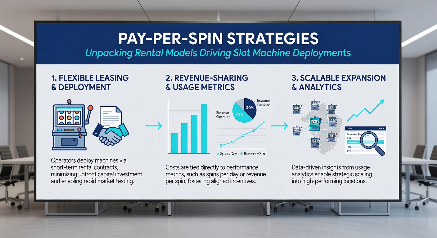Een groep operators bespreekt contracten rond een tafel met laptops en speelautomaat-prototypes, symboliserend de onderhandelingen achter pay-per-spin deals in een professionele setting
