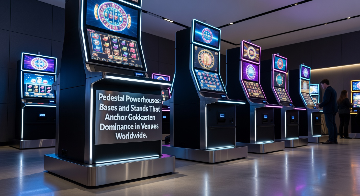 Diversiteit aan pedestals en stands in internationale venues, van statige casino-opstellingen tot compacte bar setups