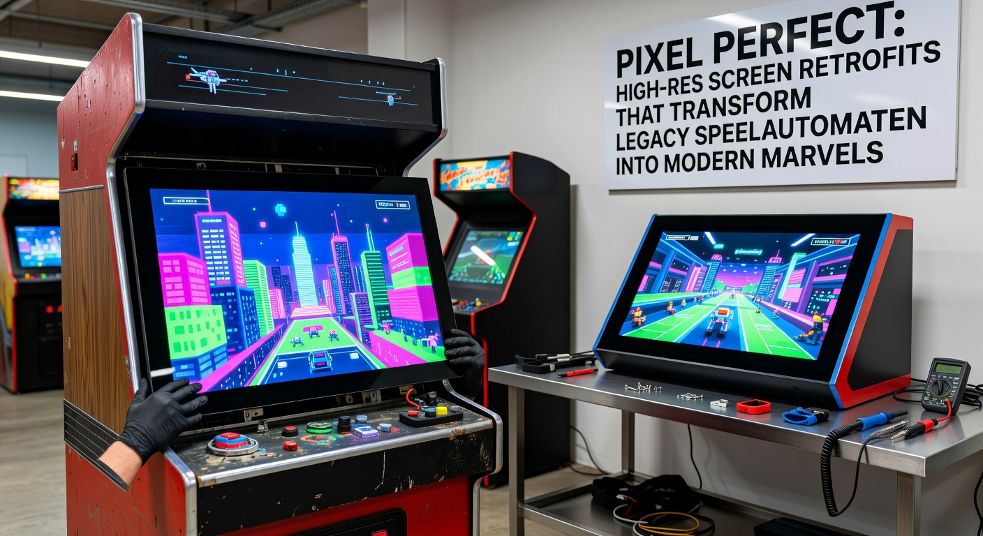 Een high-res schermretrofit in een klassieke speelautomaat, met scherpe graphics die de oude behuizing nieuw leven inblazen