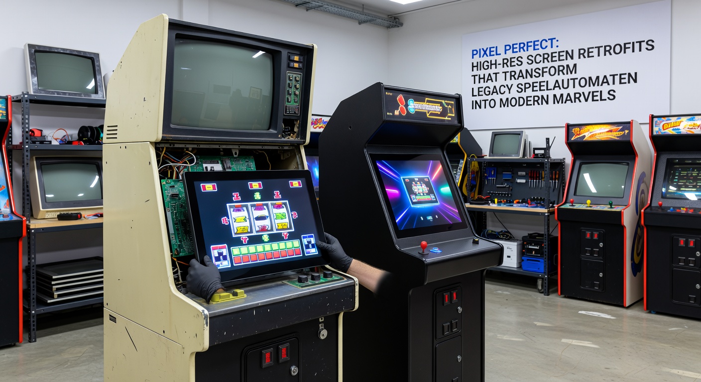 Close-up van een geïnstalleerd high-res scherm in een retro speelautomaat, tonend levendige kleuren en hoge resolutie details
