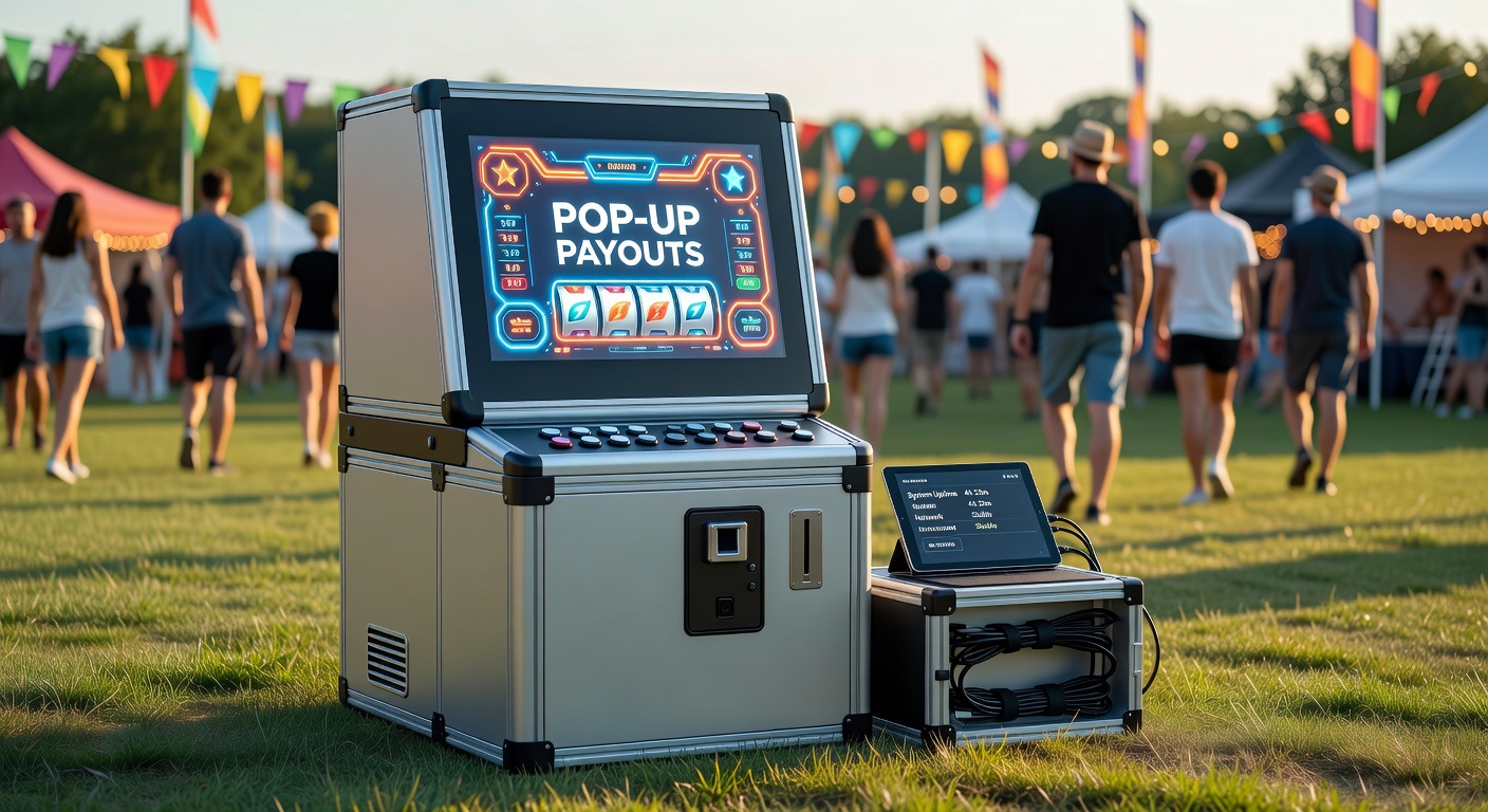 Draagbare speelautomaat in actie op een bruisend festivalterrein, met spelers die munten innen onder knipperende lichten