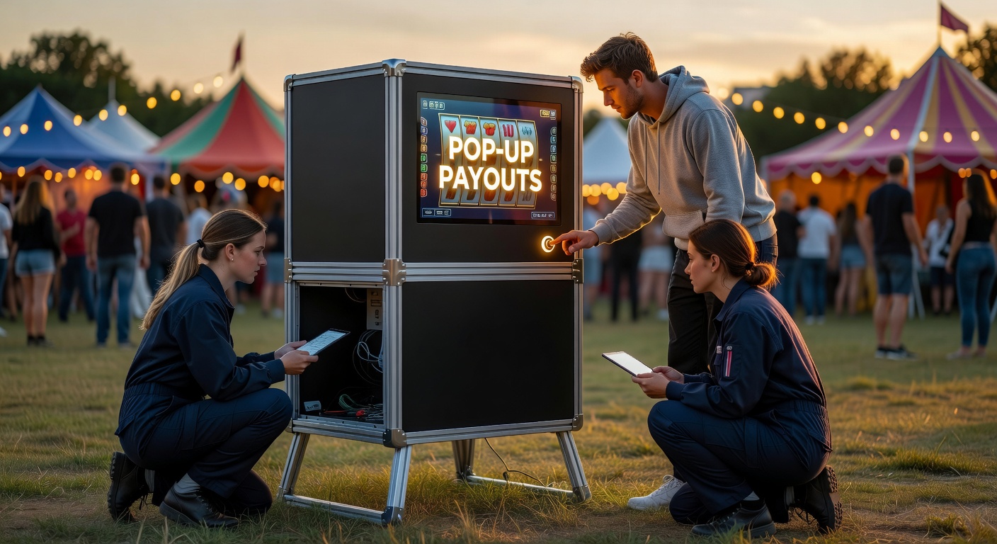 Ingenieurs testen een compacte speelautomaat met geïntegreerde batterij en payout-module in een pop-up werkplaats, klaar voor festivaldeploy
