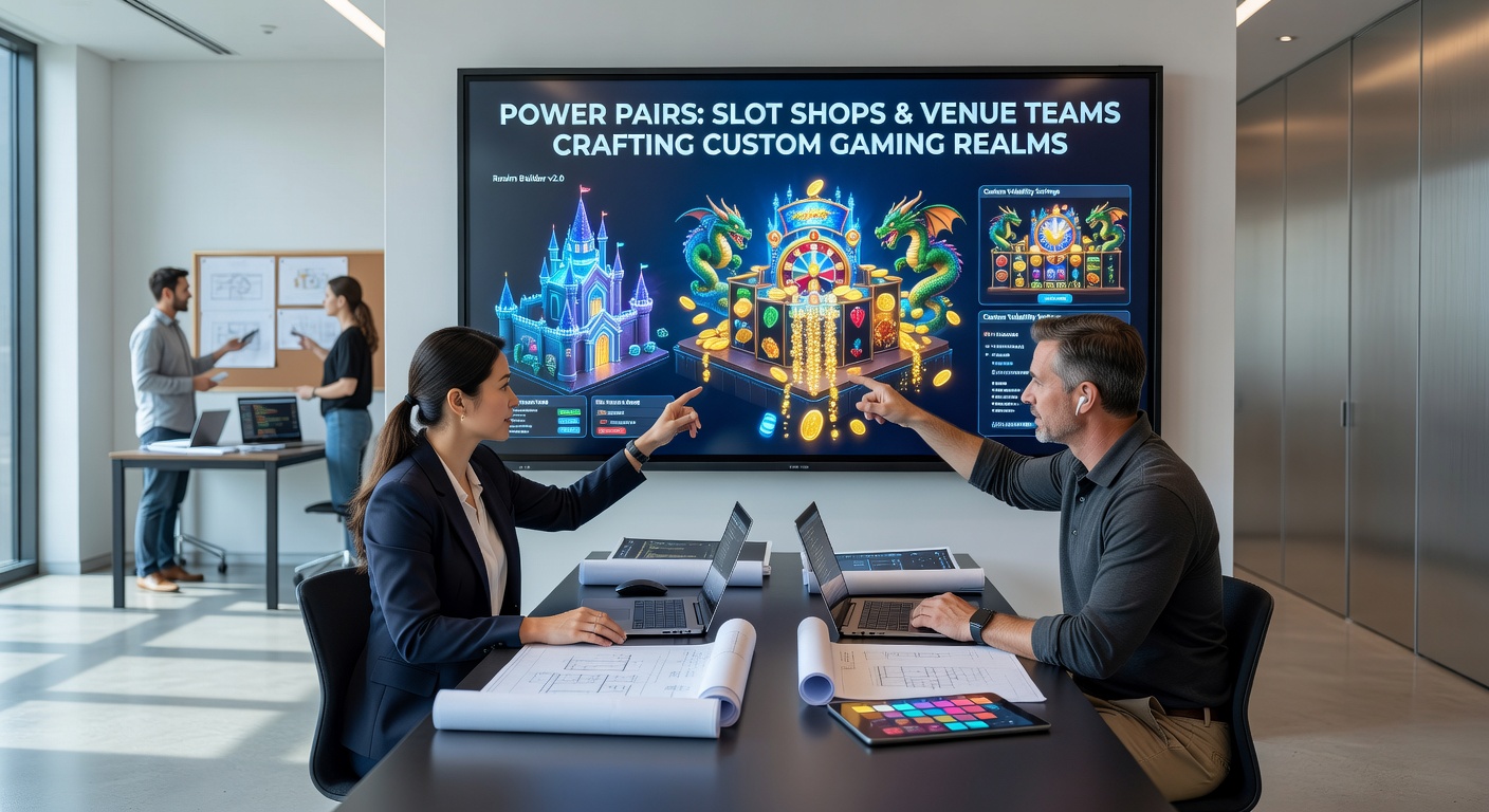 Slot shop specialisten en venue teams bespreken blauwdrukken voor een custom gaming realm in een bruisende werkplaats